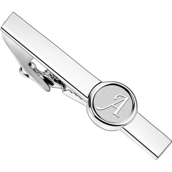 Mens Silver Tie Clip Cufflinks Set Initial Letter A Business Wedding Gift - Picture 5 of 5